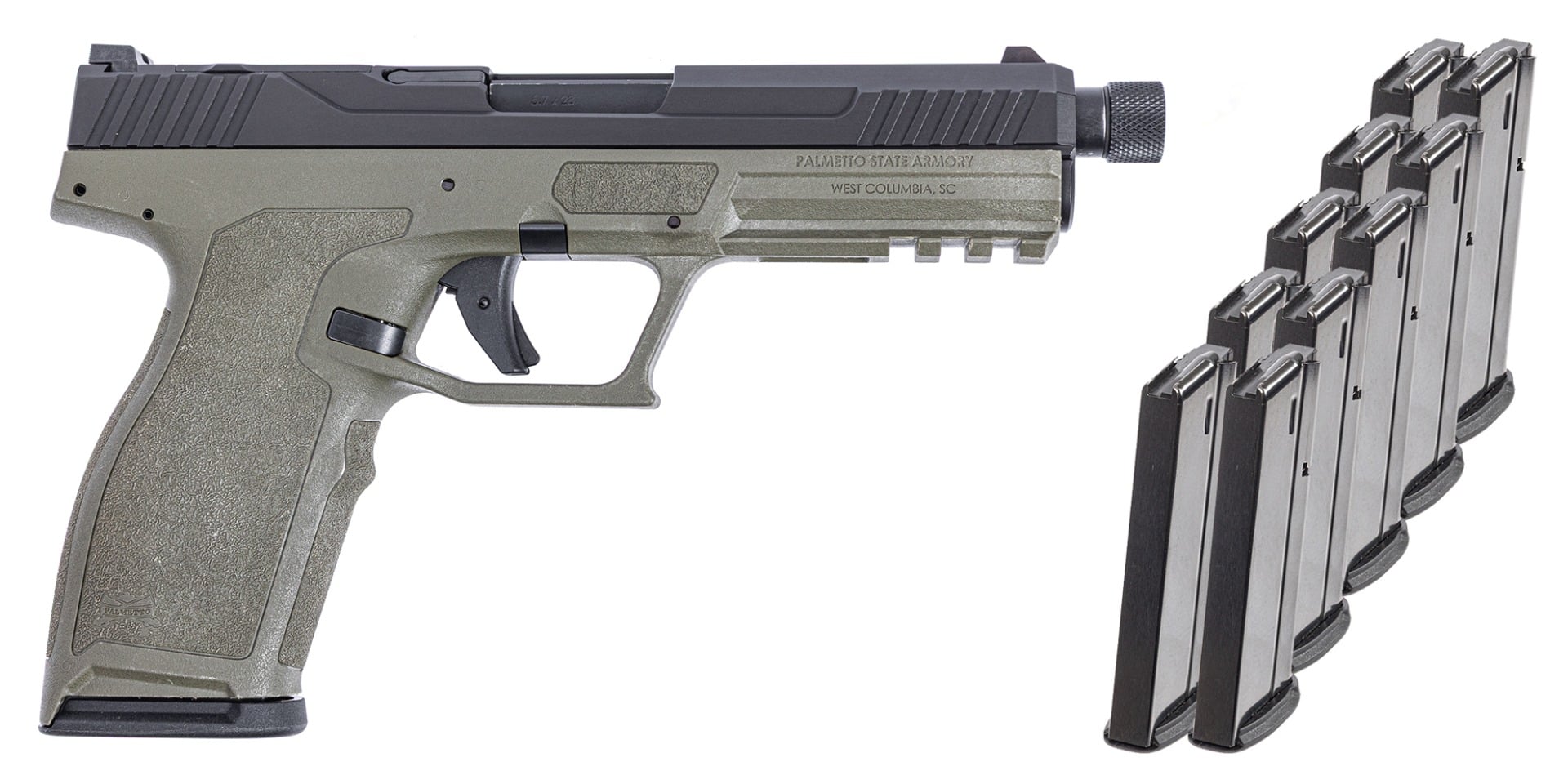 PSA 5.7 Rock Complete Optics Ready Threaded Barrel Pistol With 10 Magazines & PSA Pistol Case, 2-Tone Sniper Green