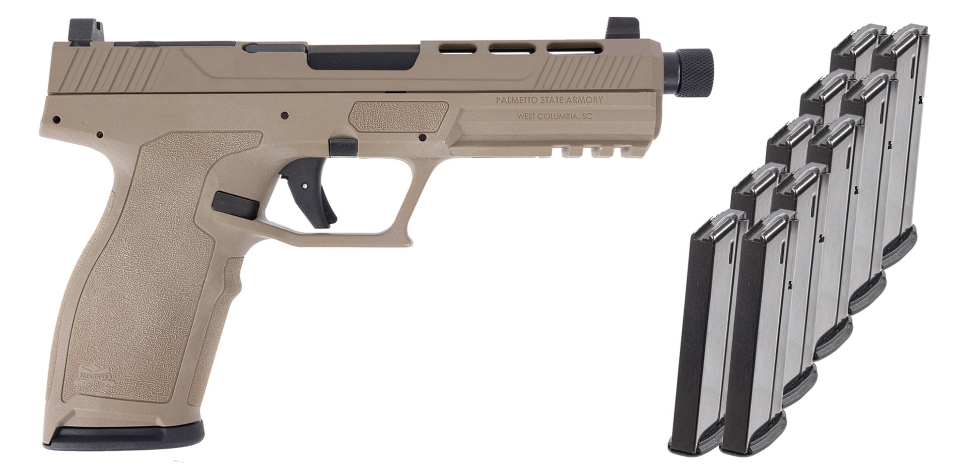 PSA 5.7 Rock Complete RK1 Optics Ready Pistol With Threaded Barrel, Flat Dark Earth With 10 Magazines & PSA Pistol Case