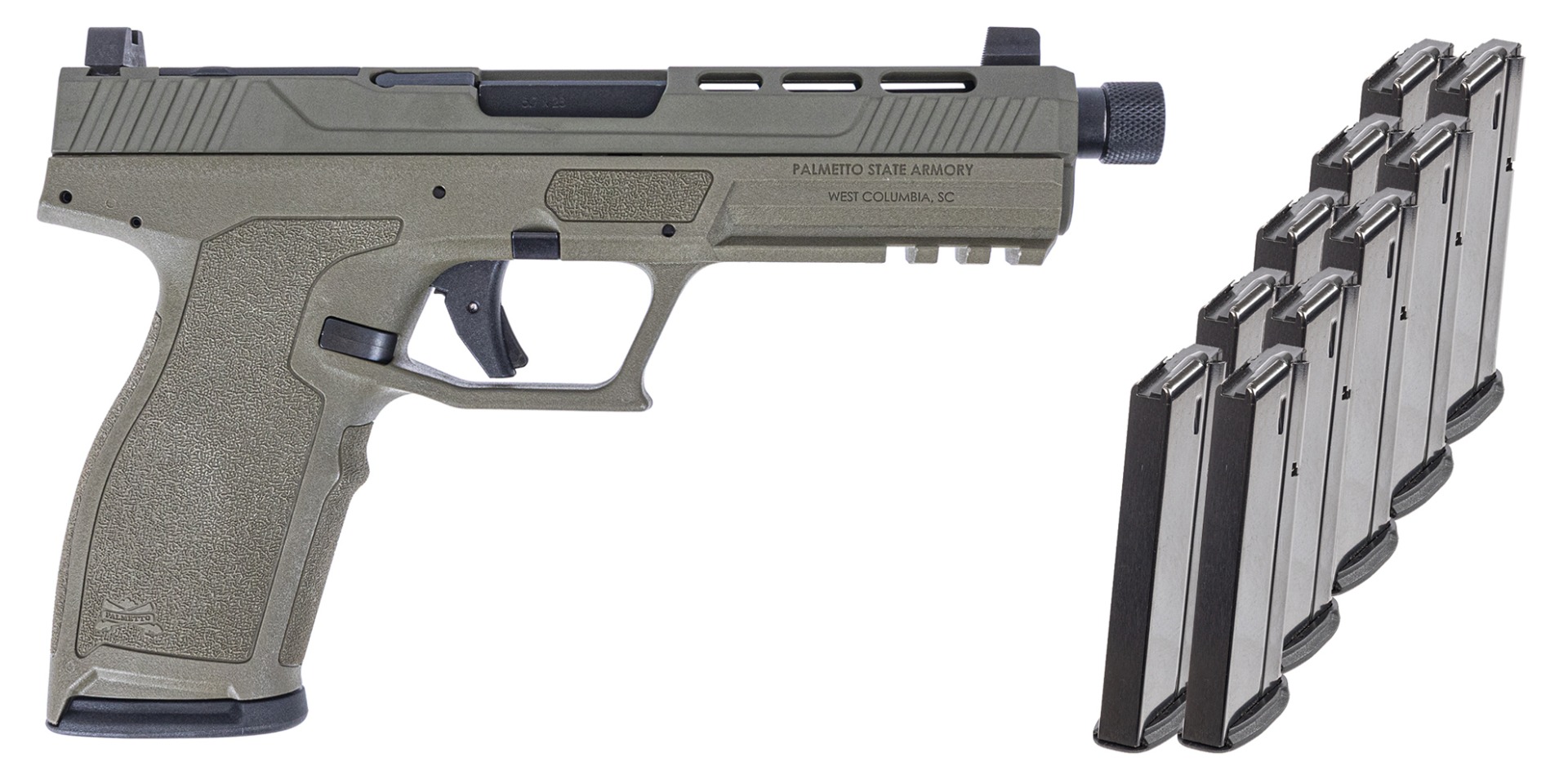 PSA 5.7 Rock Complete RK1 Optics Ready Pistol With Threaded Barrel, Sniper Green With 10 Magazines & PSA Pistol Case