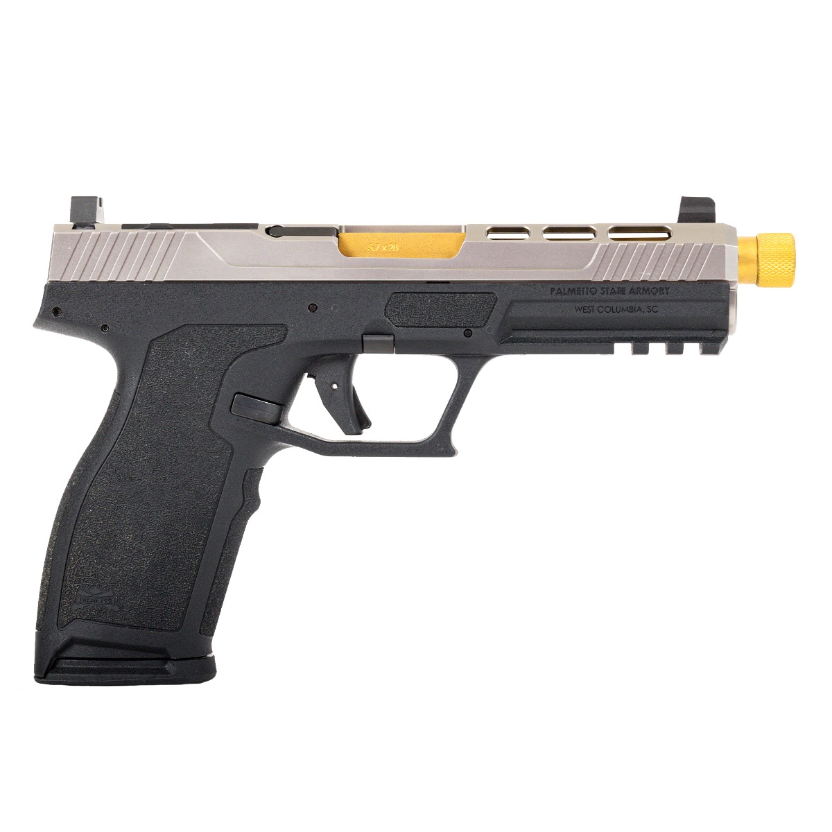 PSA 5.7 Rock RK1 Optics Ready Complete Pistol W/Gold Threaded Barrel, 2-Tone Stainless/Black - Palmetto State Armory