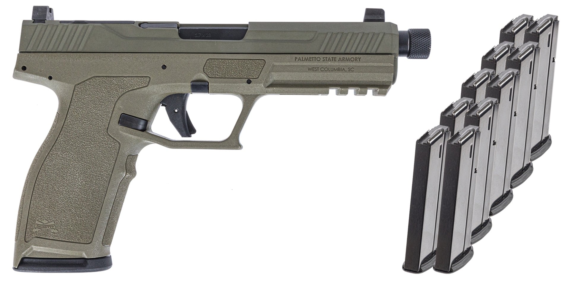 PSA 5.7 Rock Complete Optics Ready Pistol With Threaded Barrel, Sniper Green With 10 Magazines & PSA Pistol Case