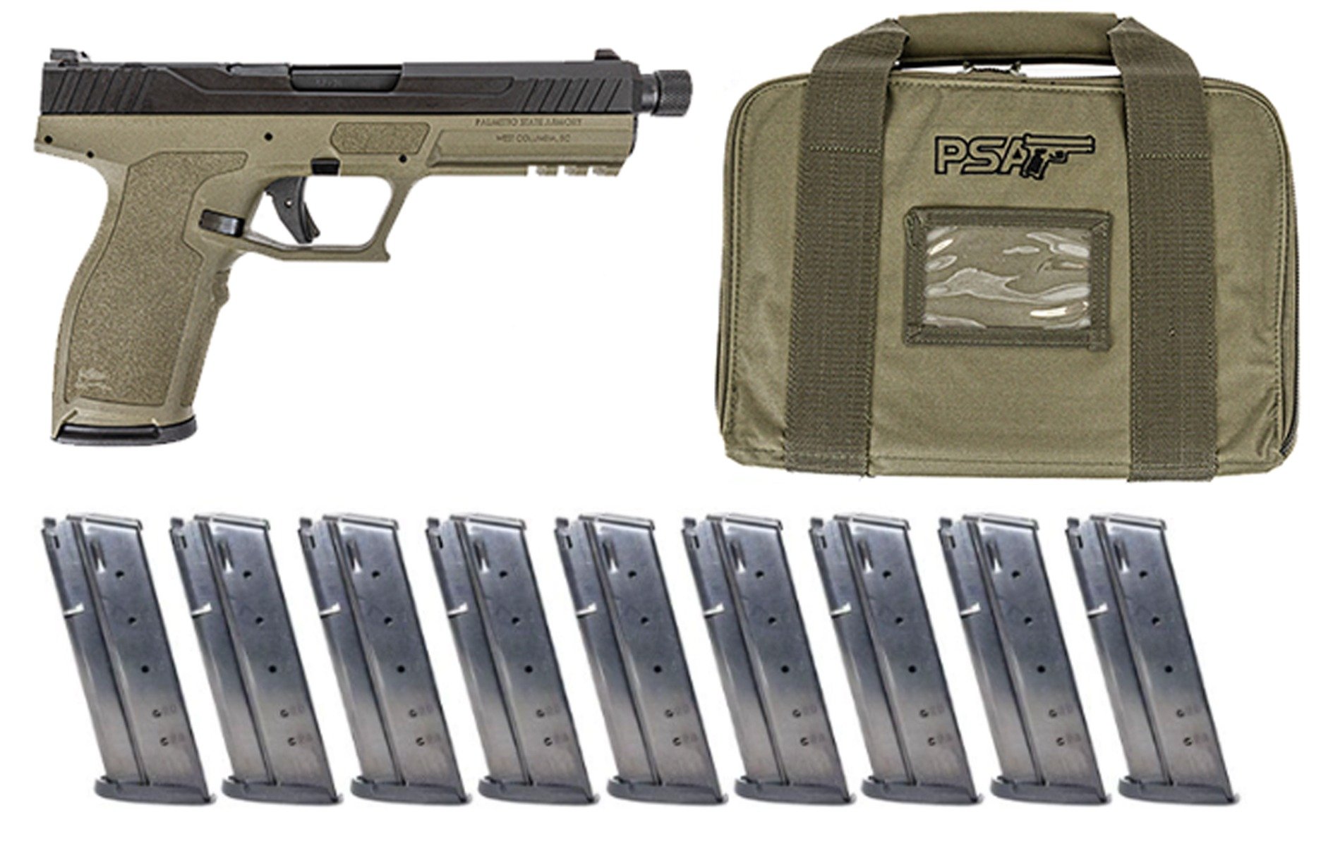 PSA 5.7 Rock Complete Optics Ready Threaded Barrel Pistol With 10 Magazines & PSA Pistol Case, 2-Tone Sniper Green - Palmetto State Armory
