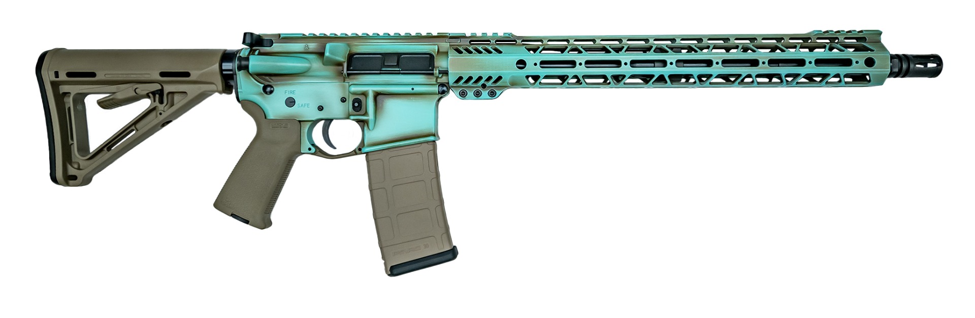PSA Custom 5.56 Nato 16" Mid-Length 15" Cross Cut Rifle W/ 3.5LB Curved Bow FCG - Robins Egg Patina W/ Tan Furniture - Psa Custom