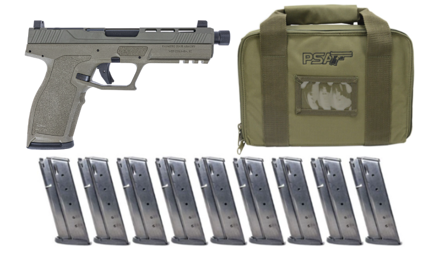 PSA 5.7 Rock Complete RK1 Optics Ready Pistol With Threaded Barrel, Sniper Green With 10 Magazines & PSA Pistol Case - Palmetto State Armory