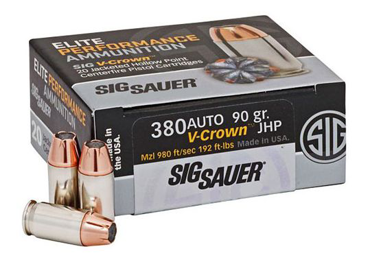 SIG Sauer Elite V-Crown .380 Auto Ammo 90 Grain JHP 20rds - E380A1-365-20 - Sig Sauer