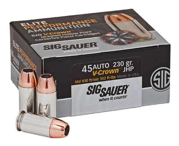 SIg Sauer 45 ACP 230gr V-Crown JHP Ammunition, 50 rounds - E45AP2-50 - Sig Sauer