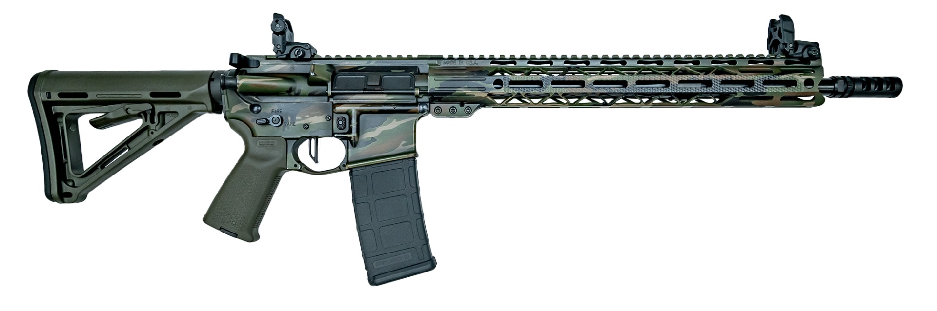 PSA Custom 16" Midlength 5.56 NATO 1:7 Nitride 15" LTWT MLok Rifle W/ Mbus sights, 3.5lb Flatbow FCG, Tiger Stripe Camo ODG - Psa Custom
