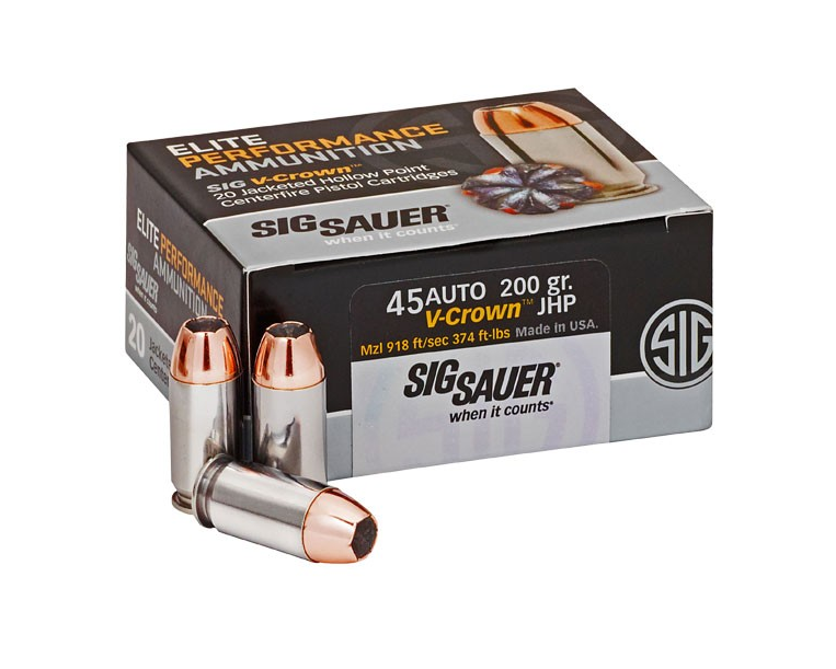 Sig Sauer 45 Auto/ACP 200gr JHP V-Crown Elite Performance Ammunition 50rds - E45AP1-50 - Sig Sauer