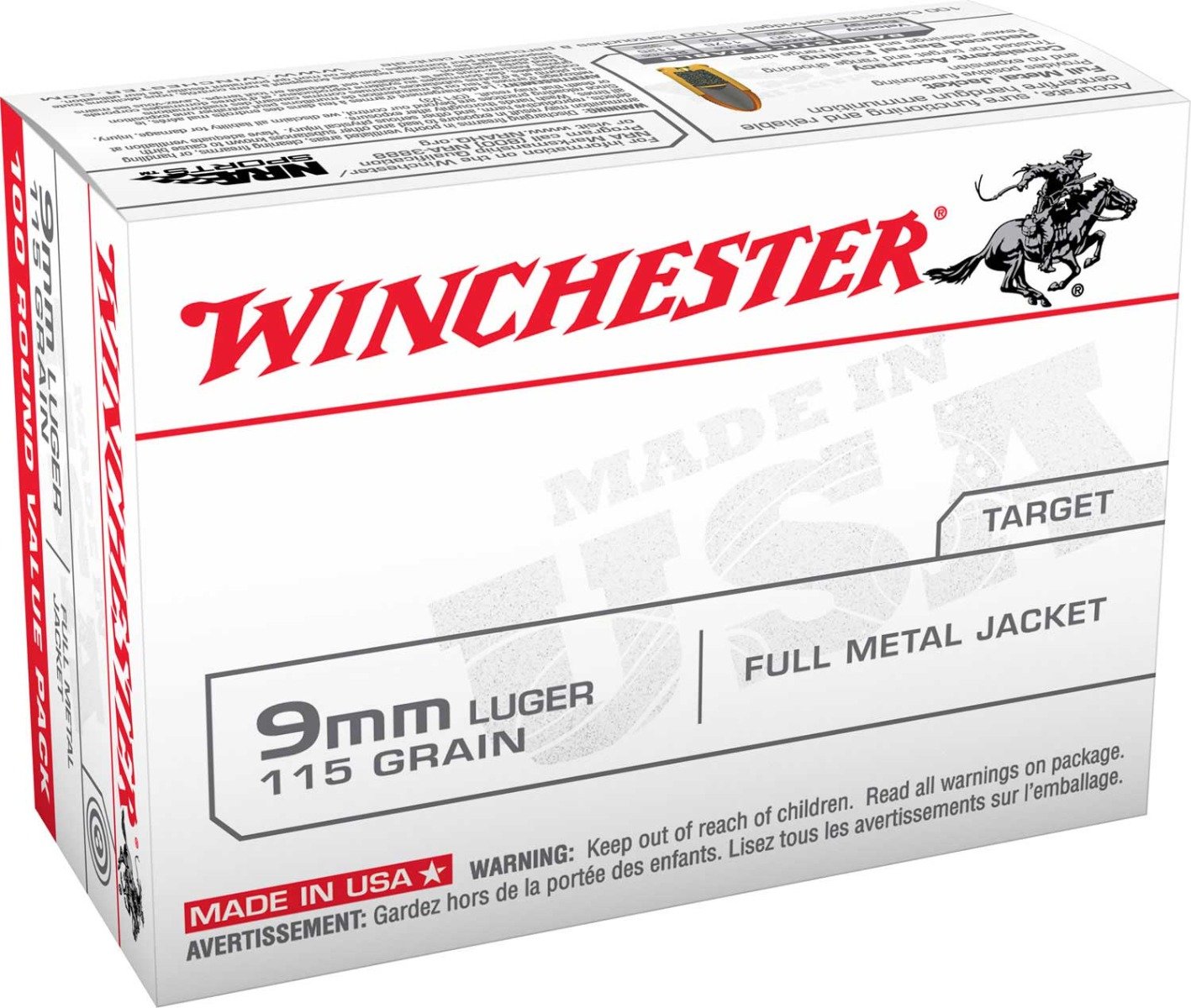 Winchester USA 9mm Ammo 115gr FMJ 100rds - USA9MMVP